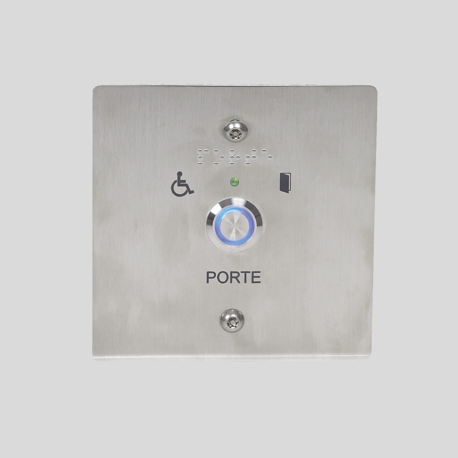 Bouton poussoir PMR 110 x 110 avec 2 vis inox anti-vandales M4 et un outil.